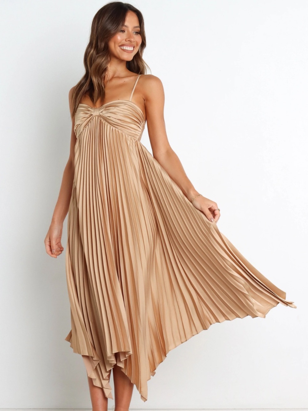 Petal & Pup Vikki Gold Pleated Midi Dress Size 2